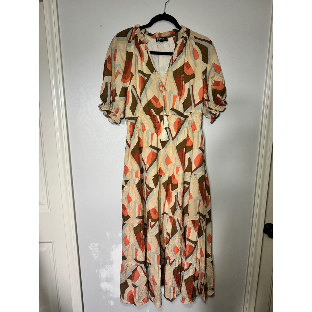 THML Geometric Abstract Print Tiered Midi Dress‎ Smocked Waist Tassel V-Neck M